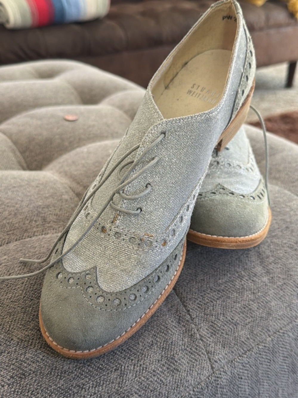 Stuart Weitzman Silver Gray Brogue Oxford Flats